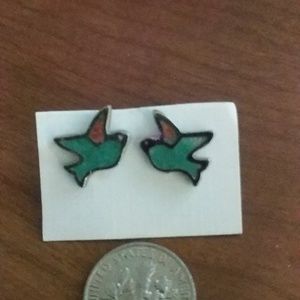 SS Coral and Turquoise Inlaid Bird 🐦 Earrings